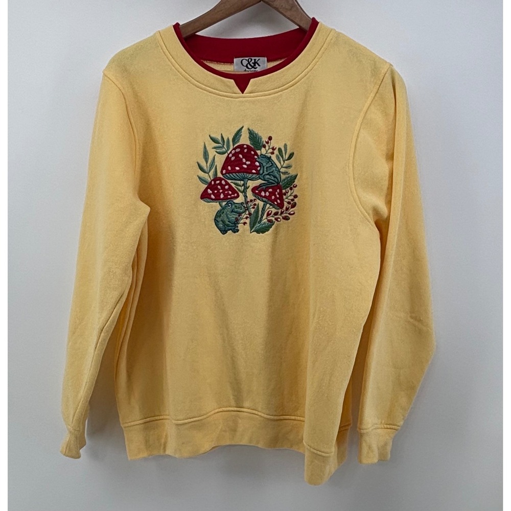VTG C&K Designs Sweatshirt Women L Yellow Frog Mushroom Embroidered Cottagecore